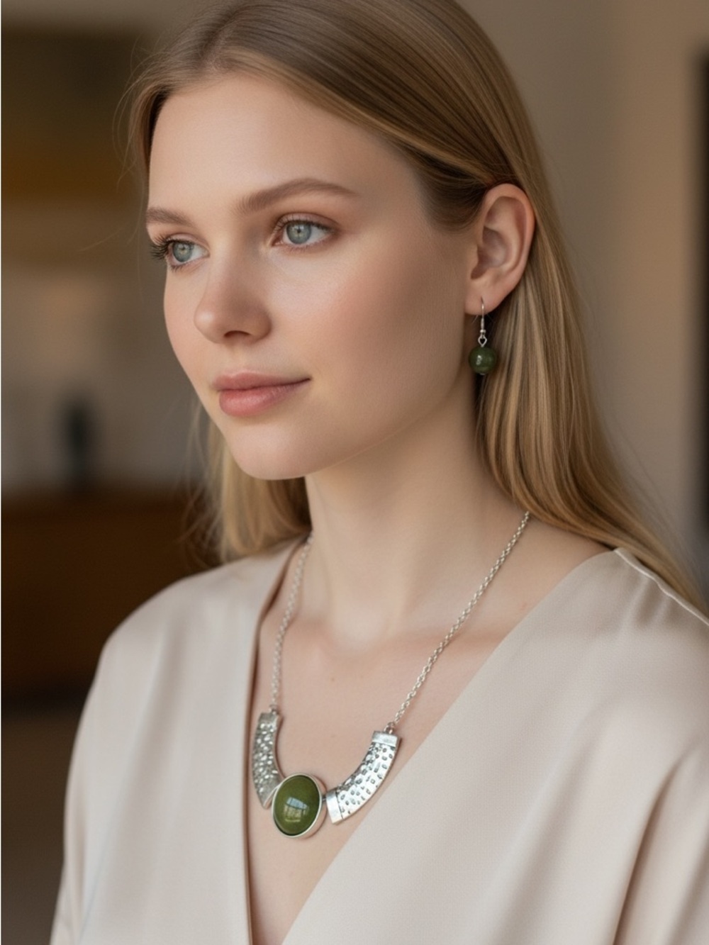 4/9 Silver Necklace and Earring Set with Green Stones - Women's Jewelry